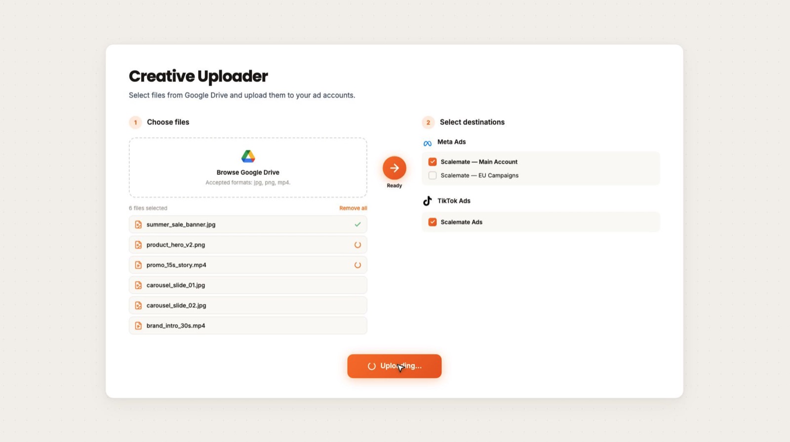 Scalemate uploader dashboard: reusable templates and Google Drive sync for bulk launching ads to Meta and TikTok