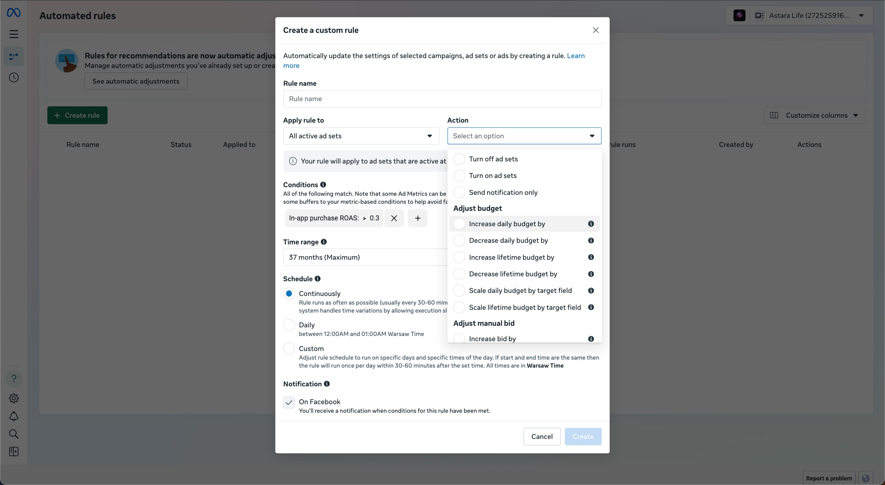 Meta automated rules actions — pause, scale, notify; no auto-revert built in