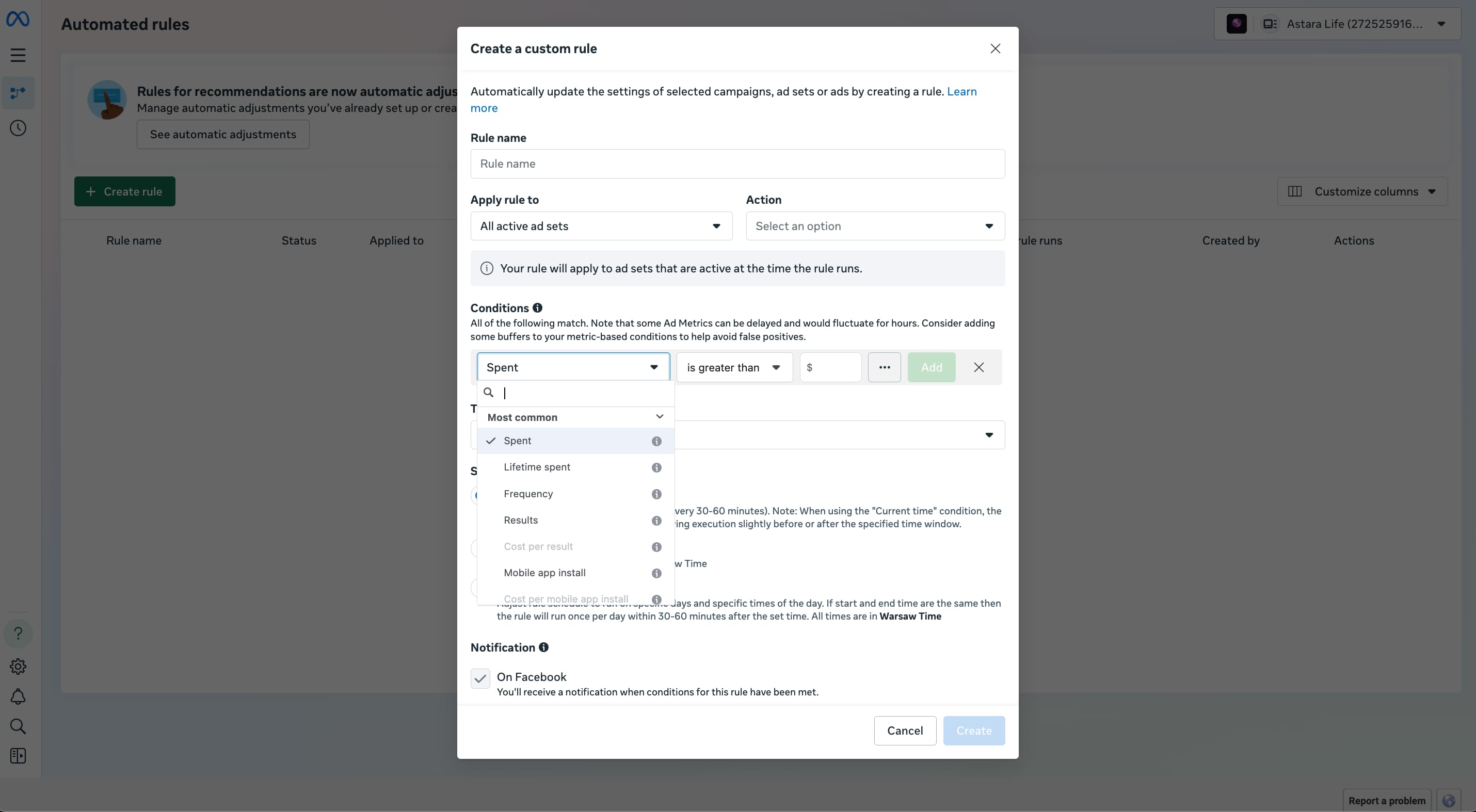 Meta Ads Manager automated rules — AND-only single-level conditions on CPA, ROAS, spend, and frequency