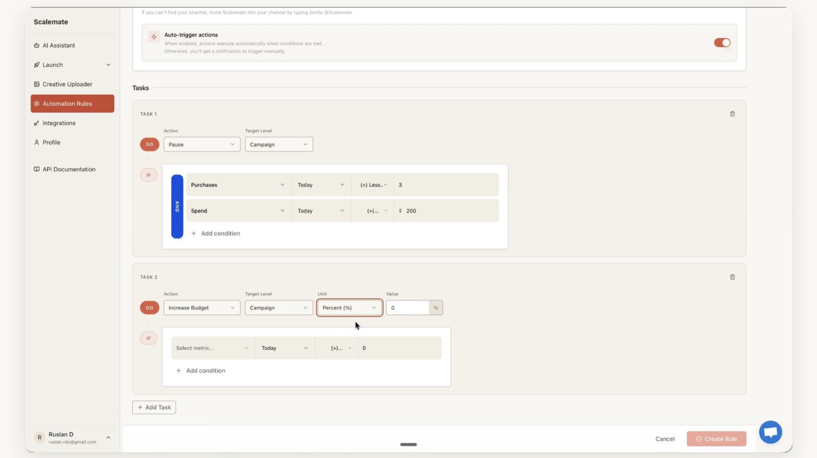 Scalemate Rules dashboard — compound conditions on CPA, ROAS, and spend windows with auto-revert built in