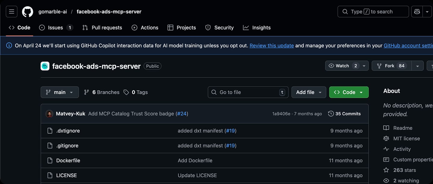 GoMarble facebook-ads-mcp-server GitHub repository — open source Meta Ads MCP server, MIT license, 263 stars