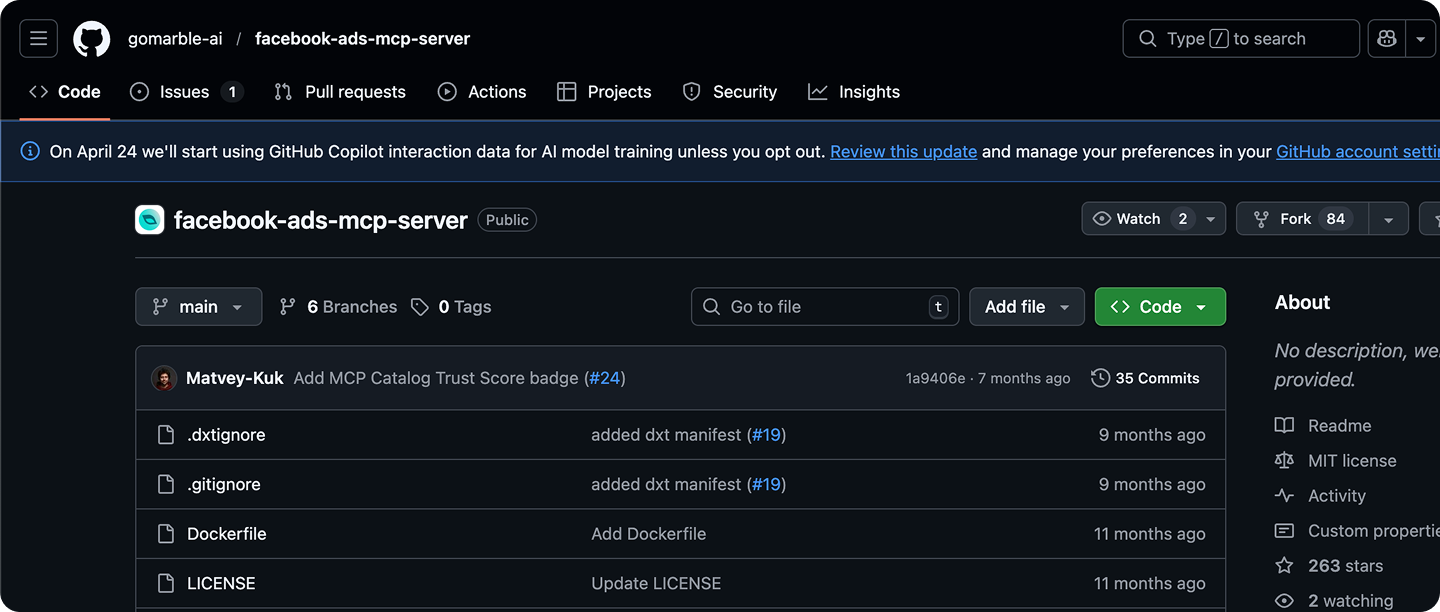 GoMarble facebook-ads-mcp-server GitHub repository — open source Meta Ads MCP server, MIT license, 263 stars