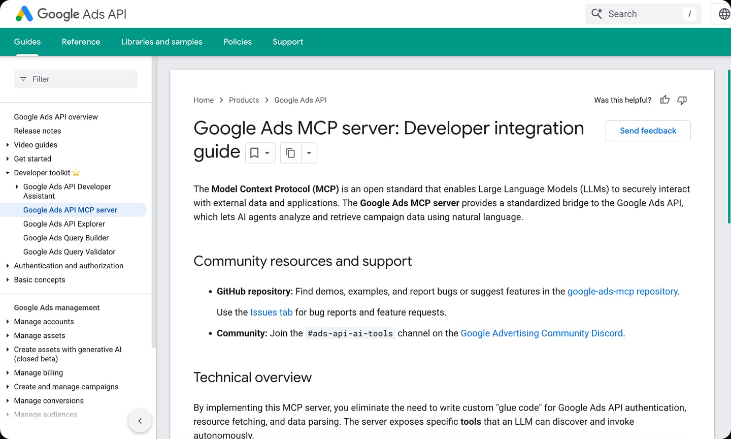 Google Ads MCP Server official documentation page — Developer integration guide on Google Ads API developer portal