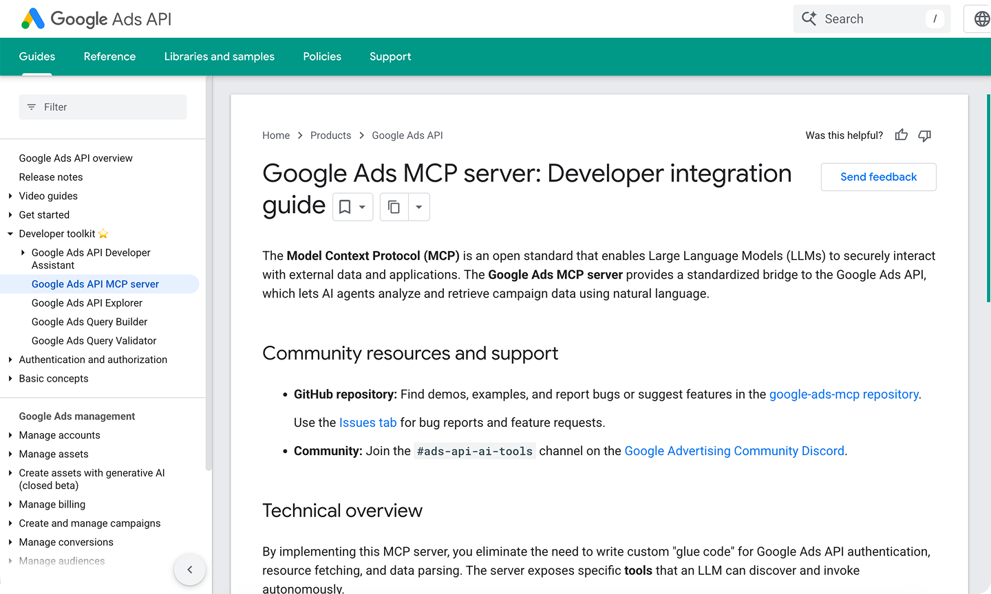 Google Ads MCP Server official documentation page — Developer integration guide on Google Ads API developer portal