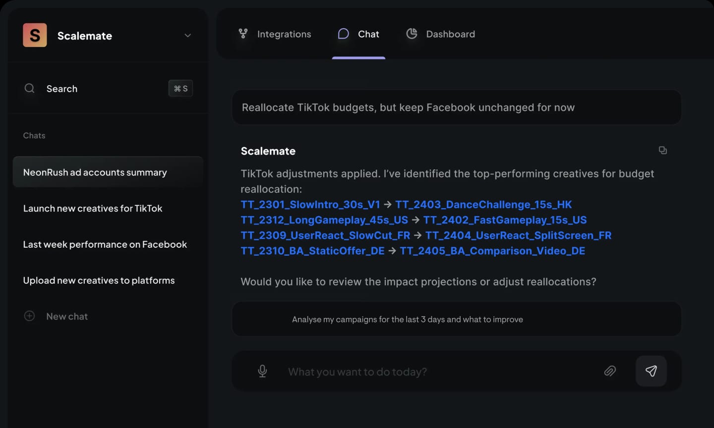 Scalemate AI Chat interface — TikTok budget reallocation executed through chat with creative-level recommendations, no Ads Manager needed