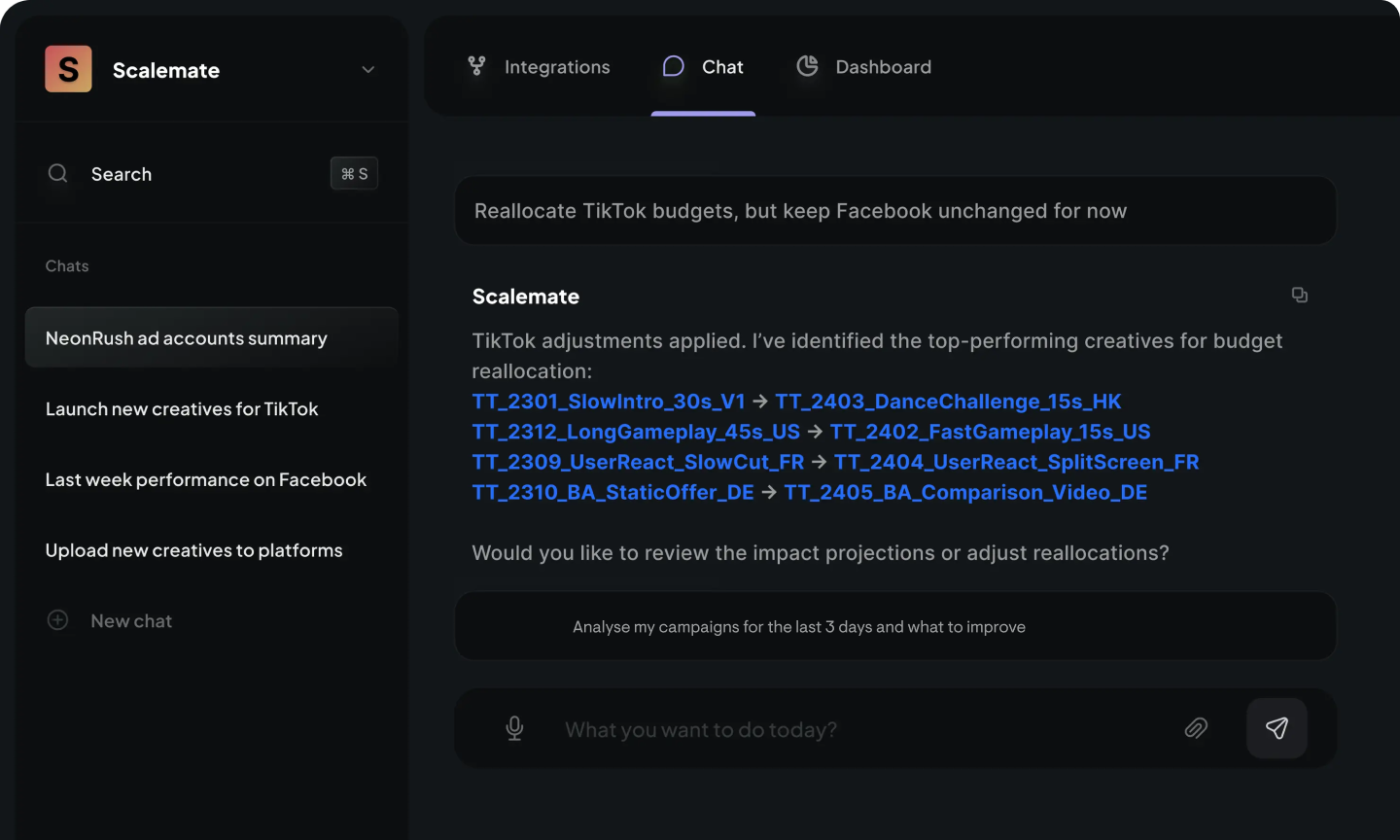 Scalemate AI Chat interface — TikTok budget reallocation executed through chat with creative-level recommendations, no Ads Manager needed