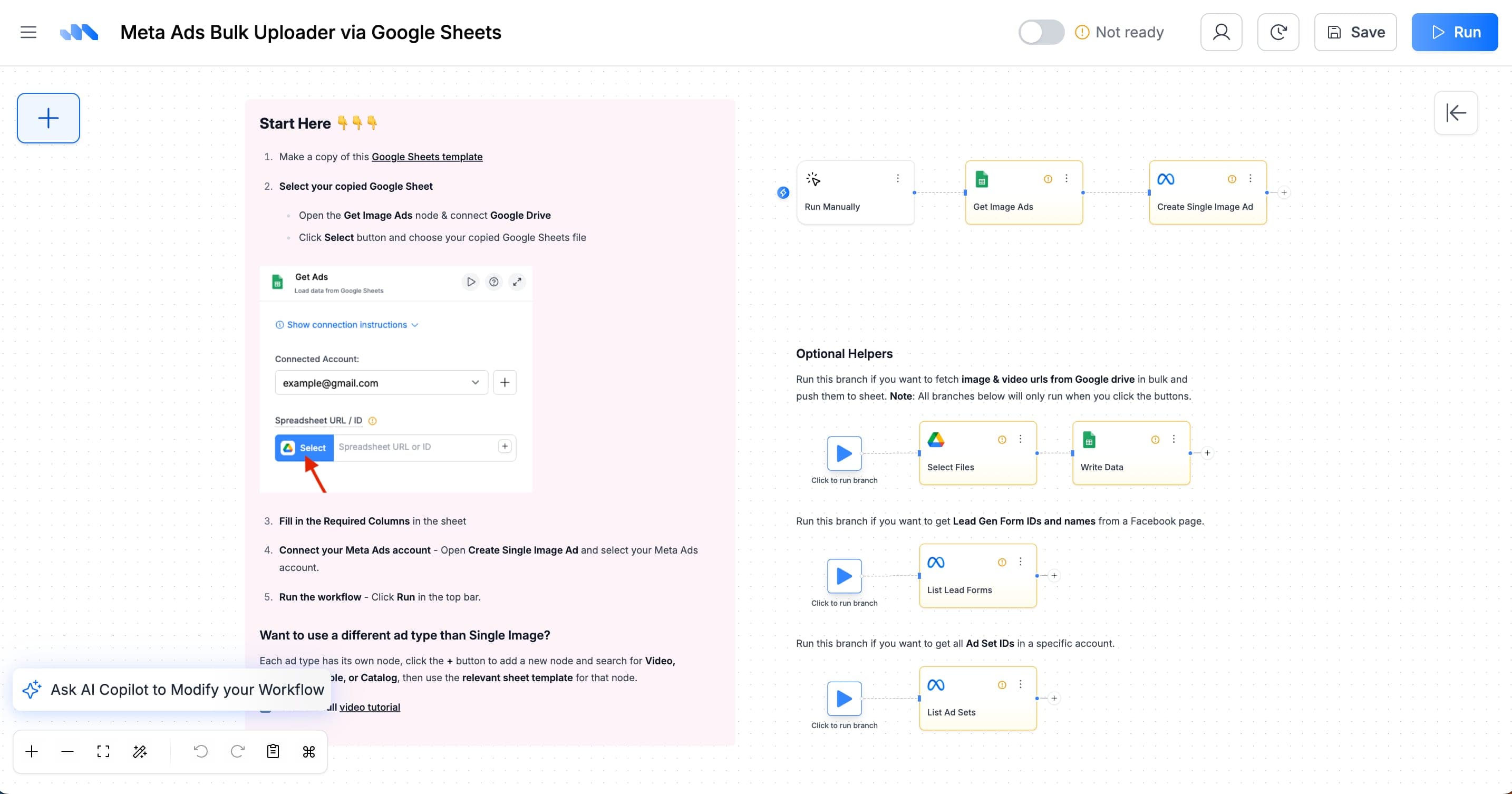 Markifact Google Sheets template for bulk Meta ad creation — campaign and ad set rows with API integration