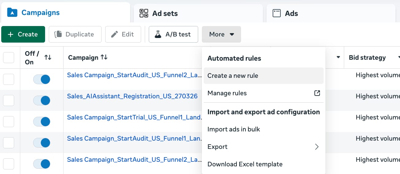 Meta Ads Manager Excel template for bulk import — campaign, ad set, and ad rows with required columns