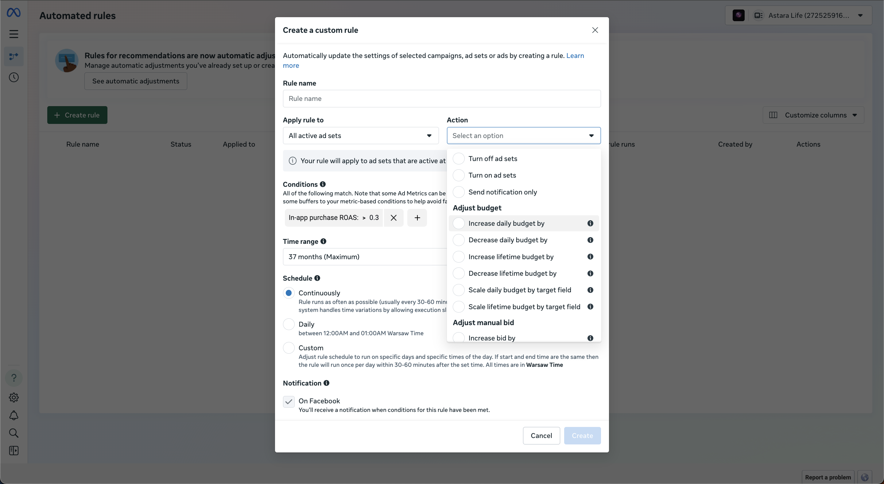Action options for automated rules including budget and bid adjustments
