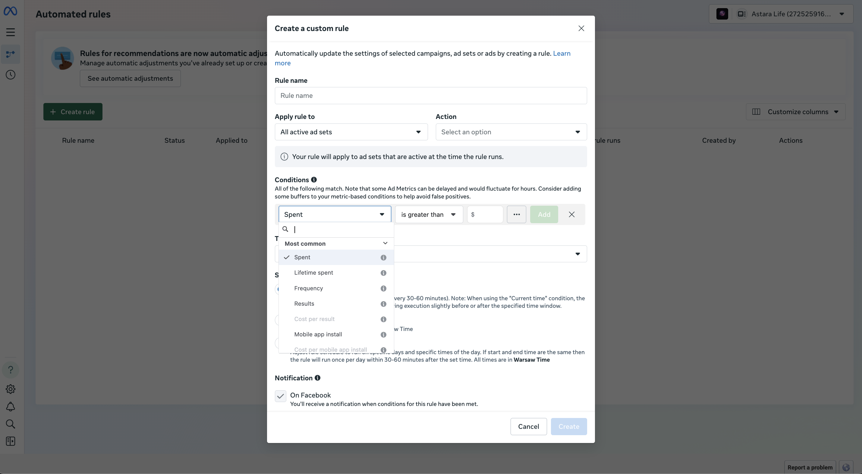 Conditions dropdown in Facebook automated rules setup