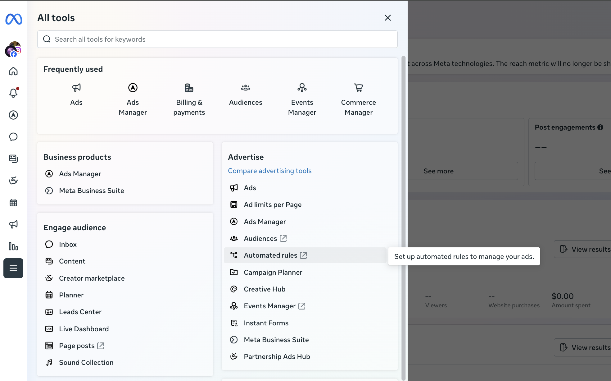 Automated Rules location in Meta Ads Manager All Tools menu
