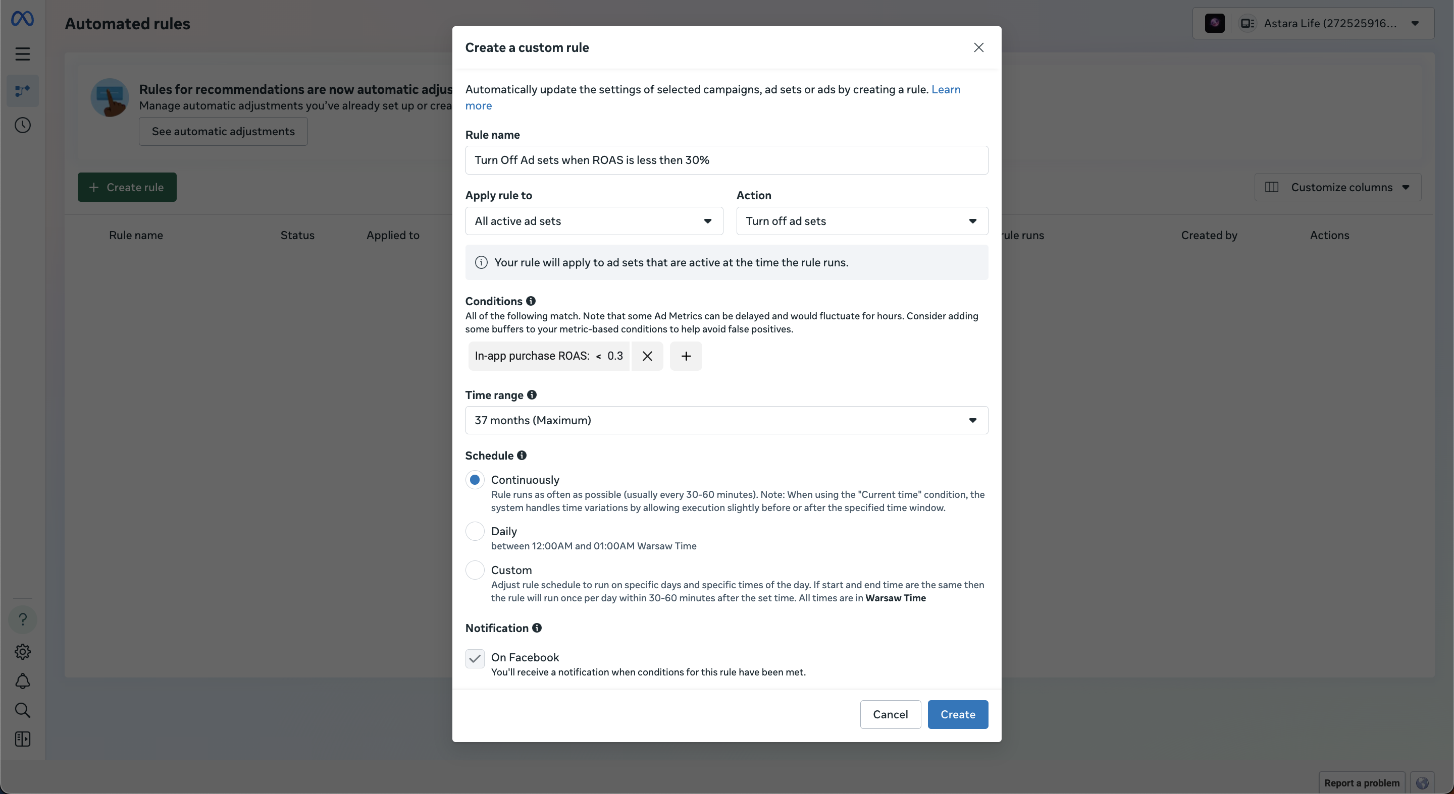 Configured automated rule to turn off ad sets when ROAS drops below threshold