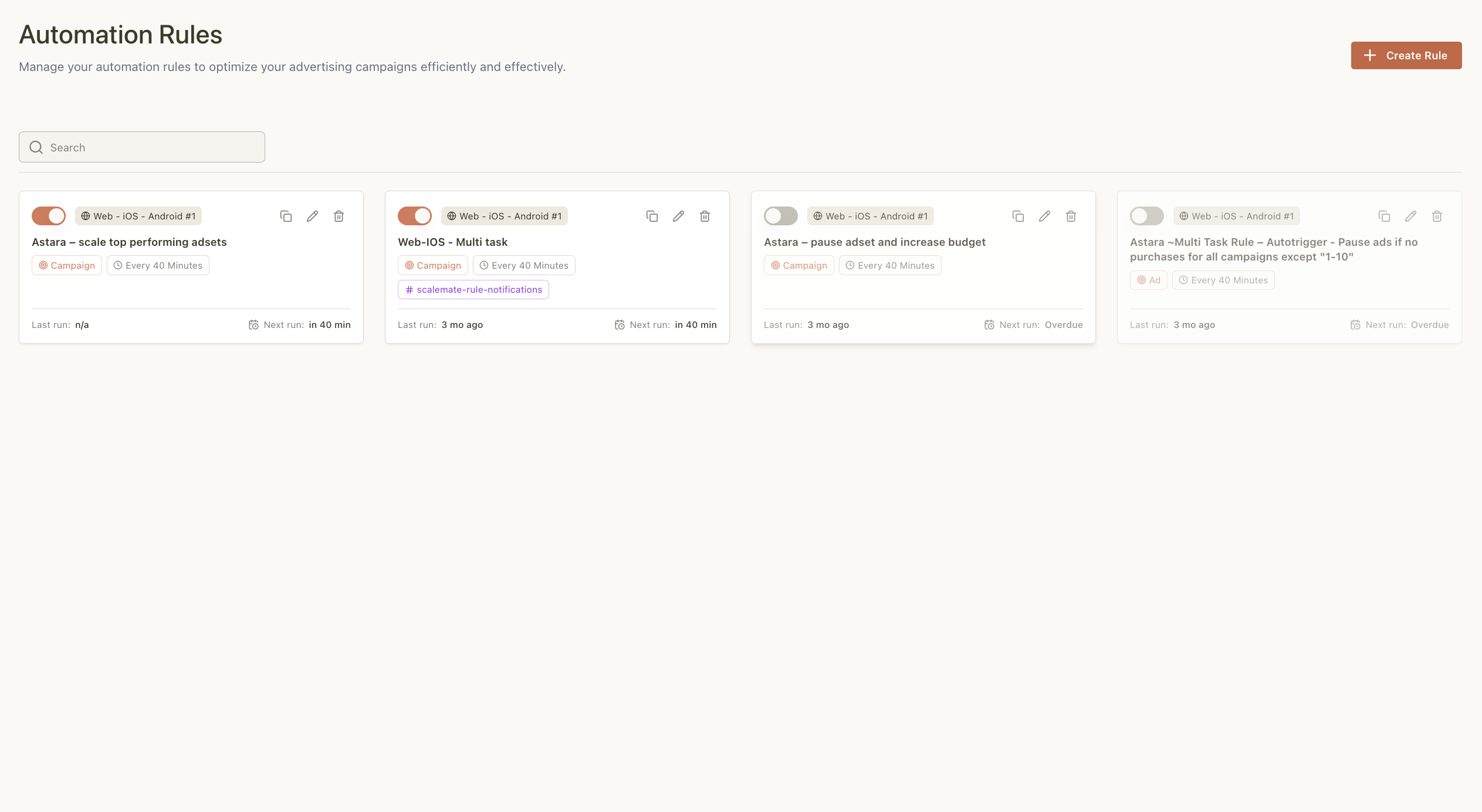 Scalemate automation rules dashboard with multiple active rules