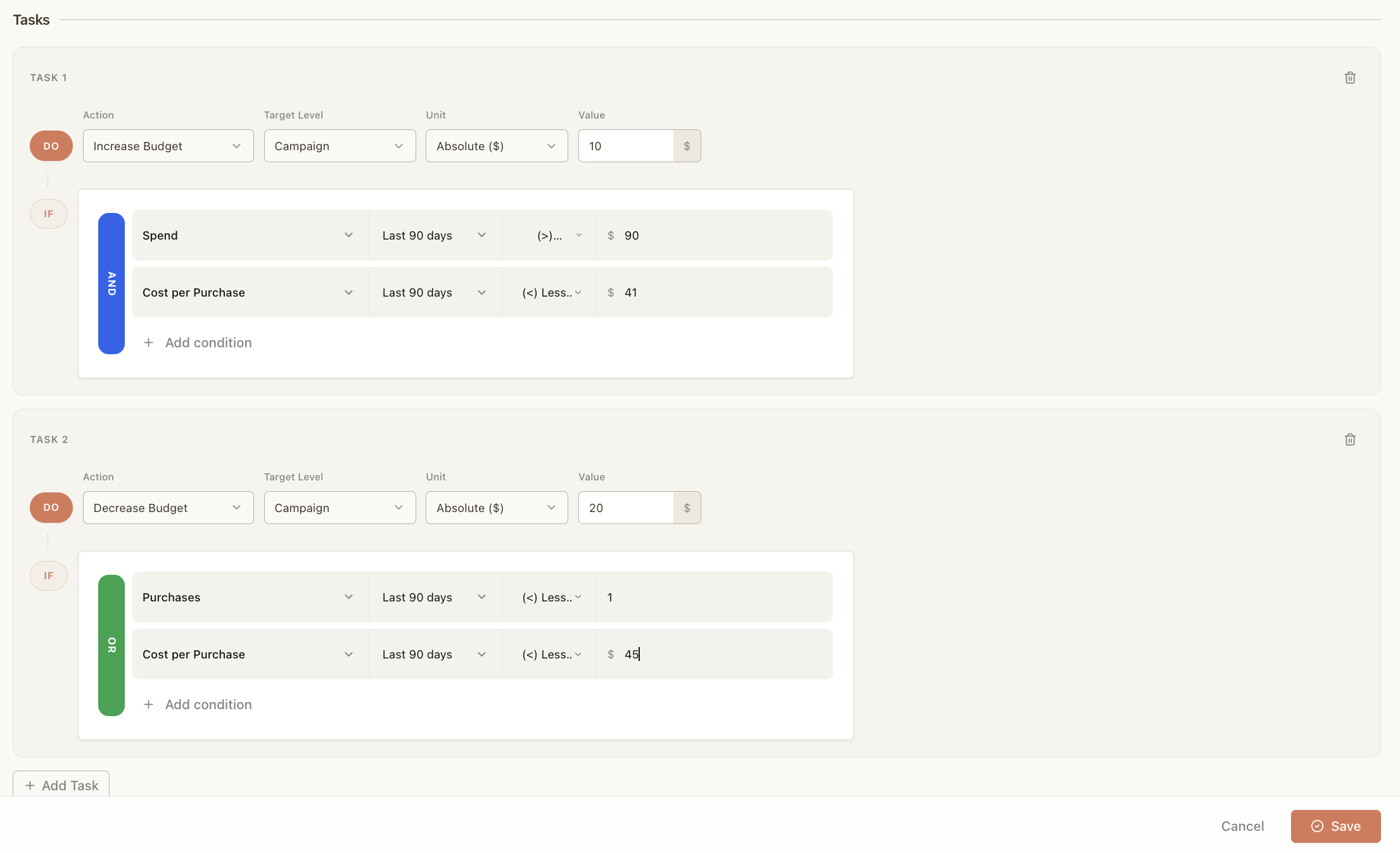 Scalemate multi-task rule with budget scaling and rollback conditions